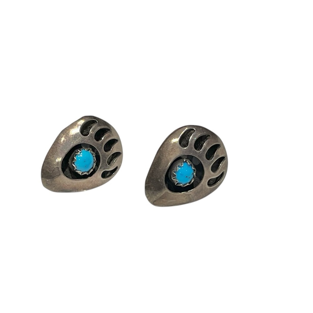 Vintage Sterling Silver Bear Paw Stud Earrings with Turquoise